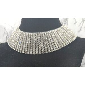 Vintage Style Rhinestone Bib Collar Necklace Wide Sparkle Statement